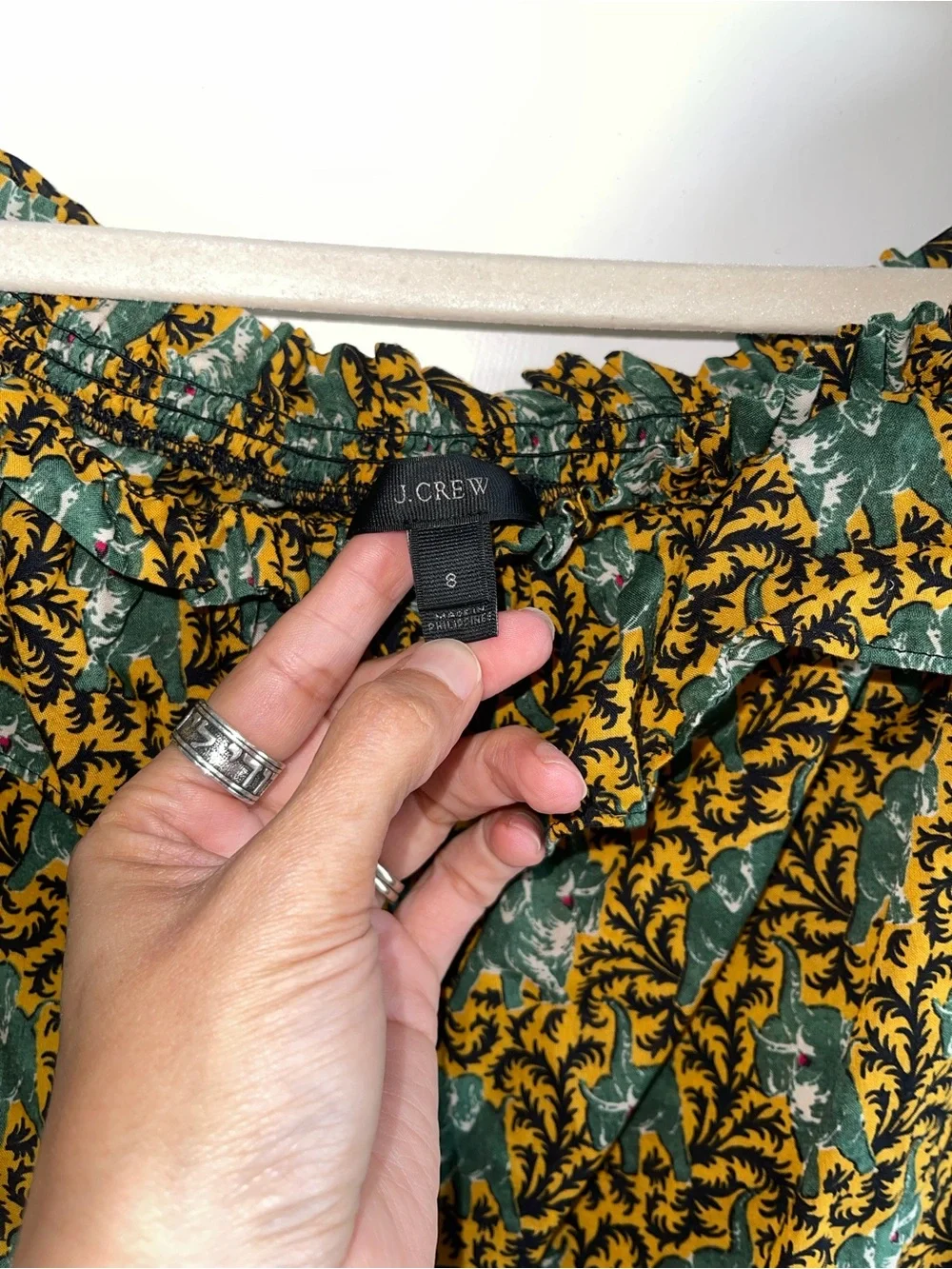 J.Crew Elephant Print Ruffle Peasant Blouse Size 8 Mustard Yellow Boho Top